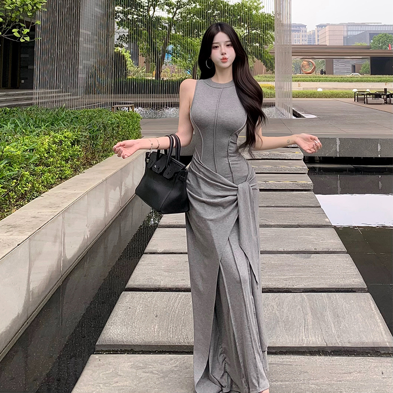 Summer Sleeveless Bodycon Long Dress in Grey Cotton Knit