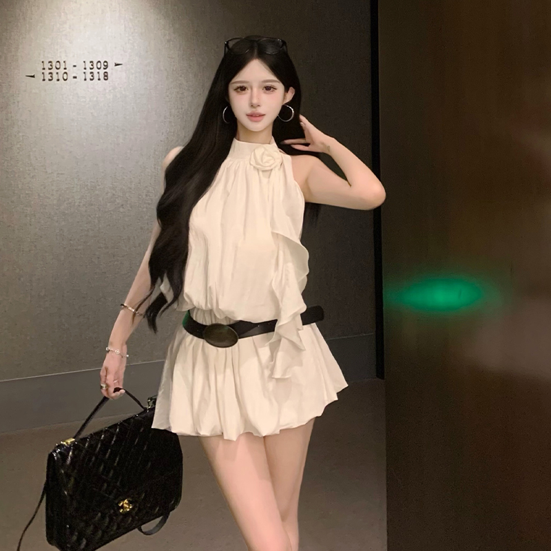 White Halter Neck Mini Dress for Women with Belt Ribbon and Corsage
