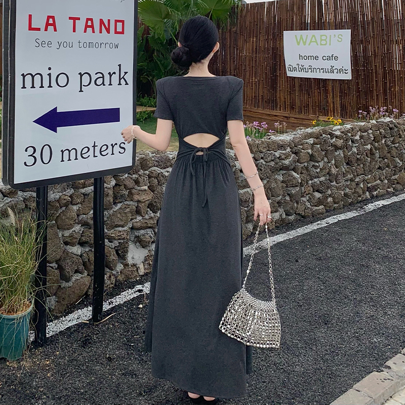 2025 Summer Korean Style Short Sleeve Open Back Tie Waist A-Line Long Dress