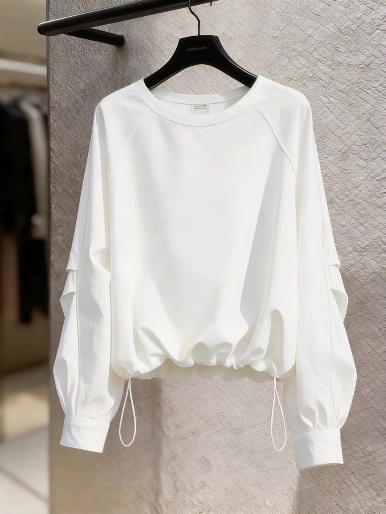 Women's White Loose Drawstring Waist Lantern Sleeve T-Shirt 2026 Early Autumn Chic Casual Top