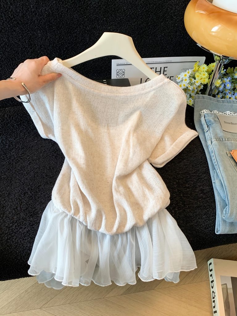 Women's Off-Shoulder Slant Neck Short Sleeve T-Shirt Summer Slimming Fake Two-Piece Chiffon Spliced Camisole Top