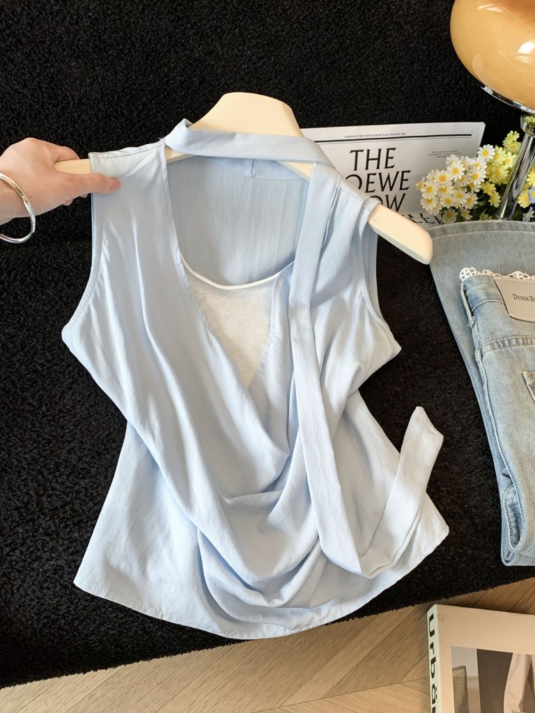 Women's Sleeveless Faux Two-Piece Ruched Cowl Neck Shirt Summer Korean Layered Top with Ribbon