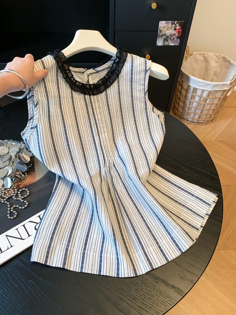Women's Striped Sleeveless Blouse Summer 2026 Loose Fit French Ruffle Round Neck Top