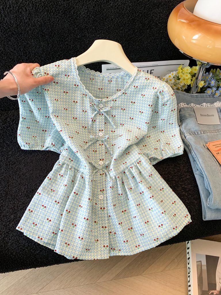 Sweet Floral Short Sleeve Blouse for Women Summer Short Doll Top