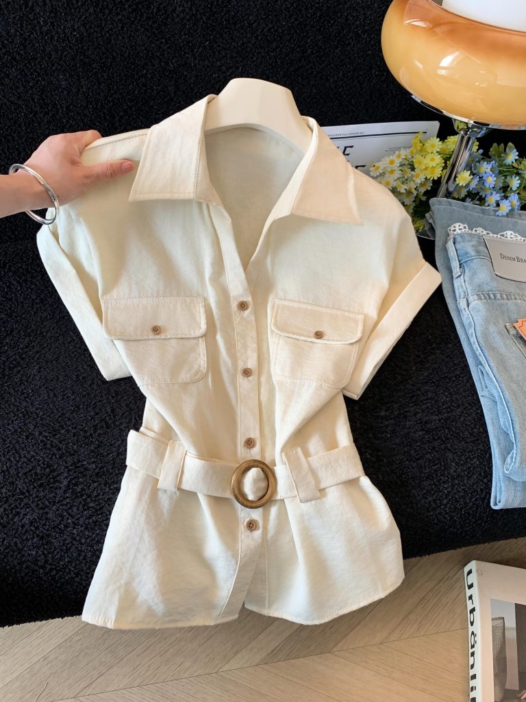 French Commuter Workwear Style Pocket Waist Shirt Short Sleeve Women Summer New French Petite Top