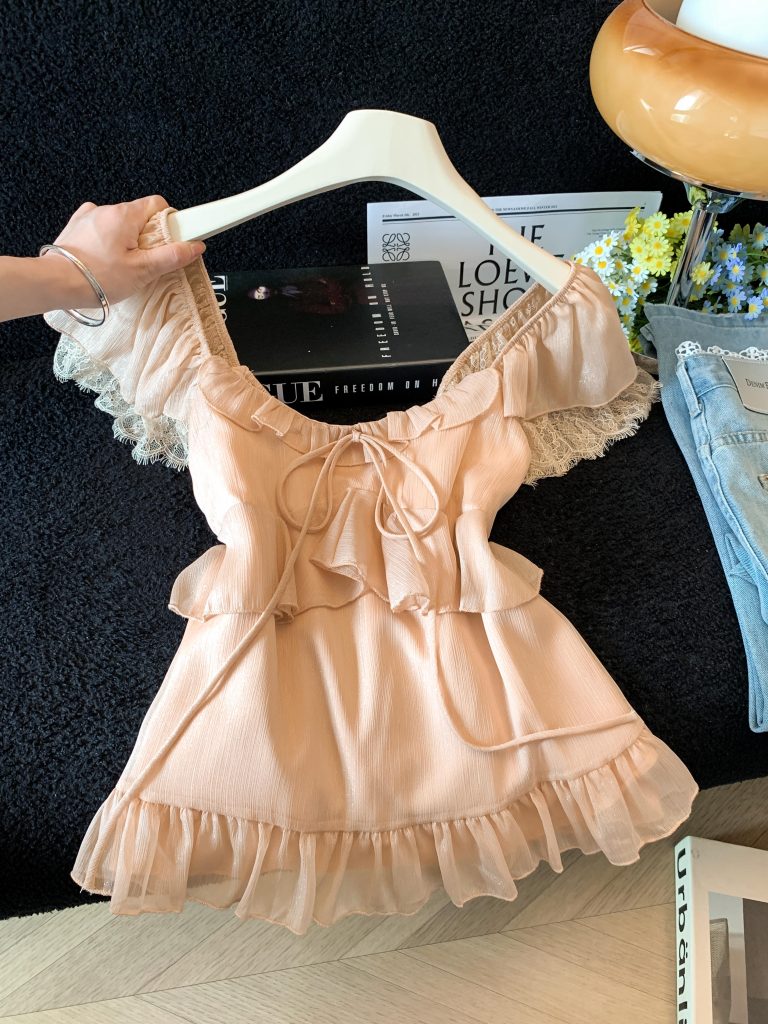 Sweet Lace Trim Ruffle Blouse for Women Summer Slimming Top