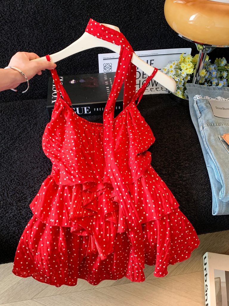 Women's Polka Dot V-Neck Ribbon Cami Top Summer Ruffle Sleeveless Sexy Blouse