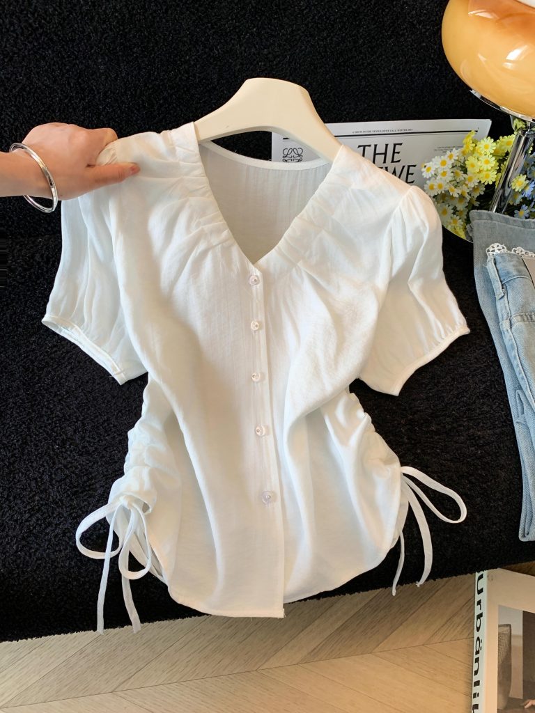 Summer Korean V-Neck Drawstring Waist Single-Breasted Cardigan Shirt - Style f393f6
