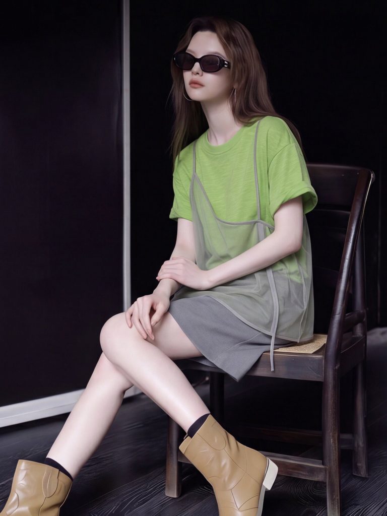 Green Faux Two-Piece Short Sleeve T-Shirt for Women 2026 Summer Casual Top