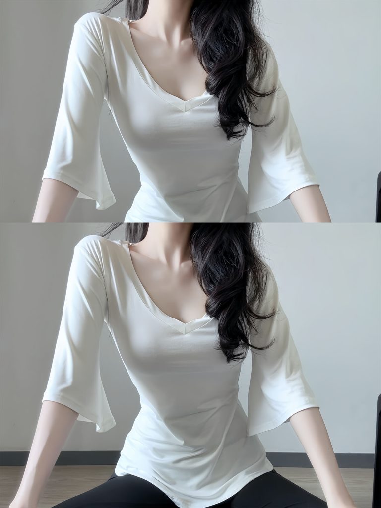 White V-Neck Flared Short Sleeve T-Shirt for Women 2026 Summer French Style