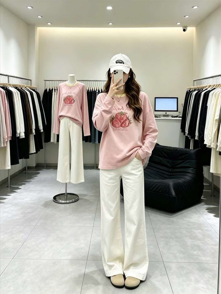 Pink Strawberry Print Color Block Round Neck Long Sleeve T-Shirt for Women 2026 Autumn Sweet Gentle Flattering Age Reducing Top